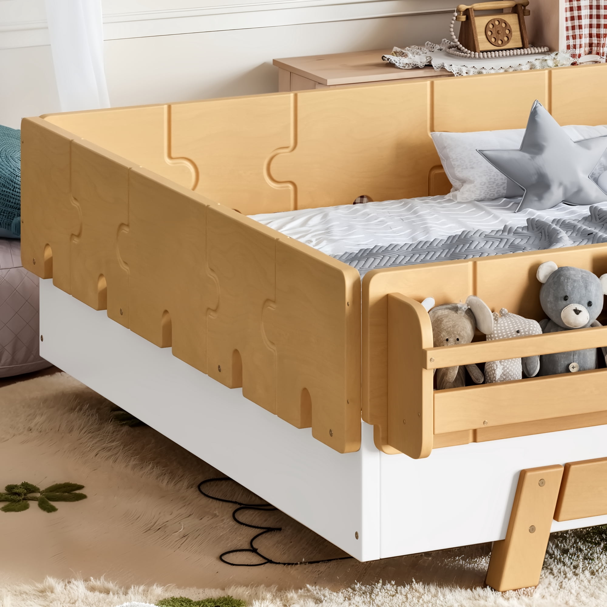 Mintazer Full Size Montessori Floor Bed Frame, Kids Puzzle Block Design Platform Bed with Guardrails & Bookshelf for Bedroom, Natural & Beige