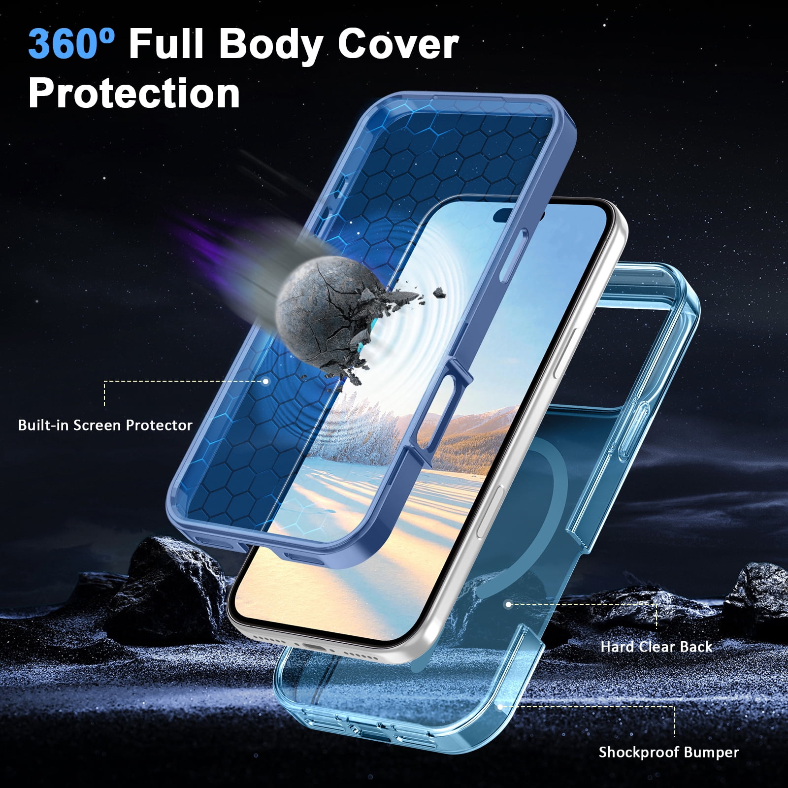 JETeacka Magnetic for iPhone 17 Pro Case 6.3" Full-Body Phone Case Built-in Screen Protector Compatible with Mag-Safe Drop Proof, Clear Blue