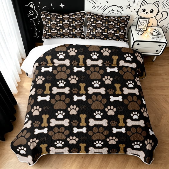 Manfei Cute Dog Paw Twin Quilt Set, Cartoon Bone Print Twin Coverlet Set, Black Brown, 2pcs, 1 Bedspread and 1 Pillowcase