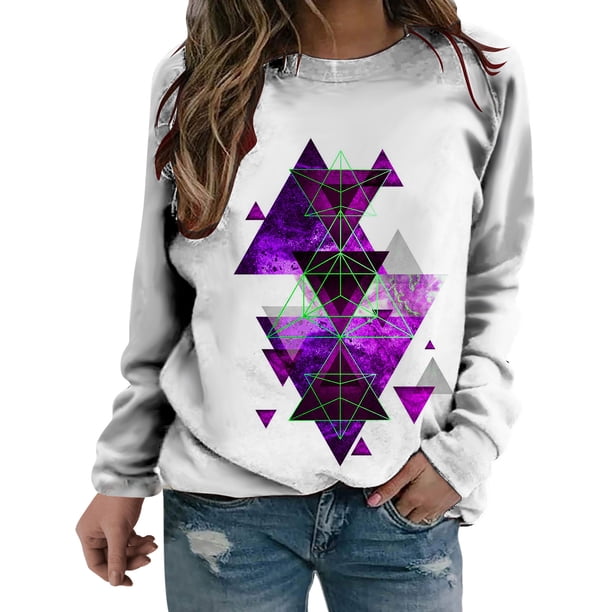 Camisas informales de manga larga para mujer, sudadera de cuello redondo con estampado de rombos geométricos, jersey de cuello redondo, Tops tipo túnica holgados Pompotops FGAJ1197
