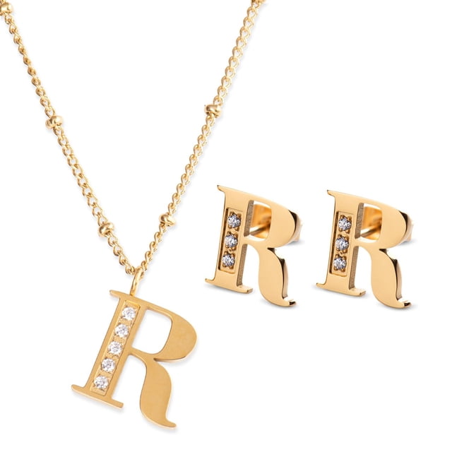 Juego Joyería Mujer, Collar Aretes Inicial Letras LuckyLy, Acero Inoxidable Baño de Oro 18k dorado UNITALLA