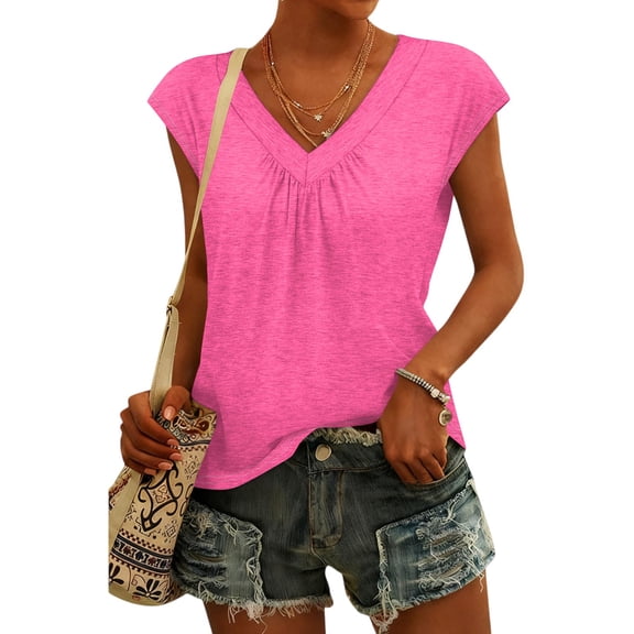 Delconic Women's Fashion V-neck Short Sleeve Top Hot Pink L