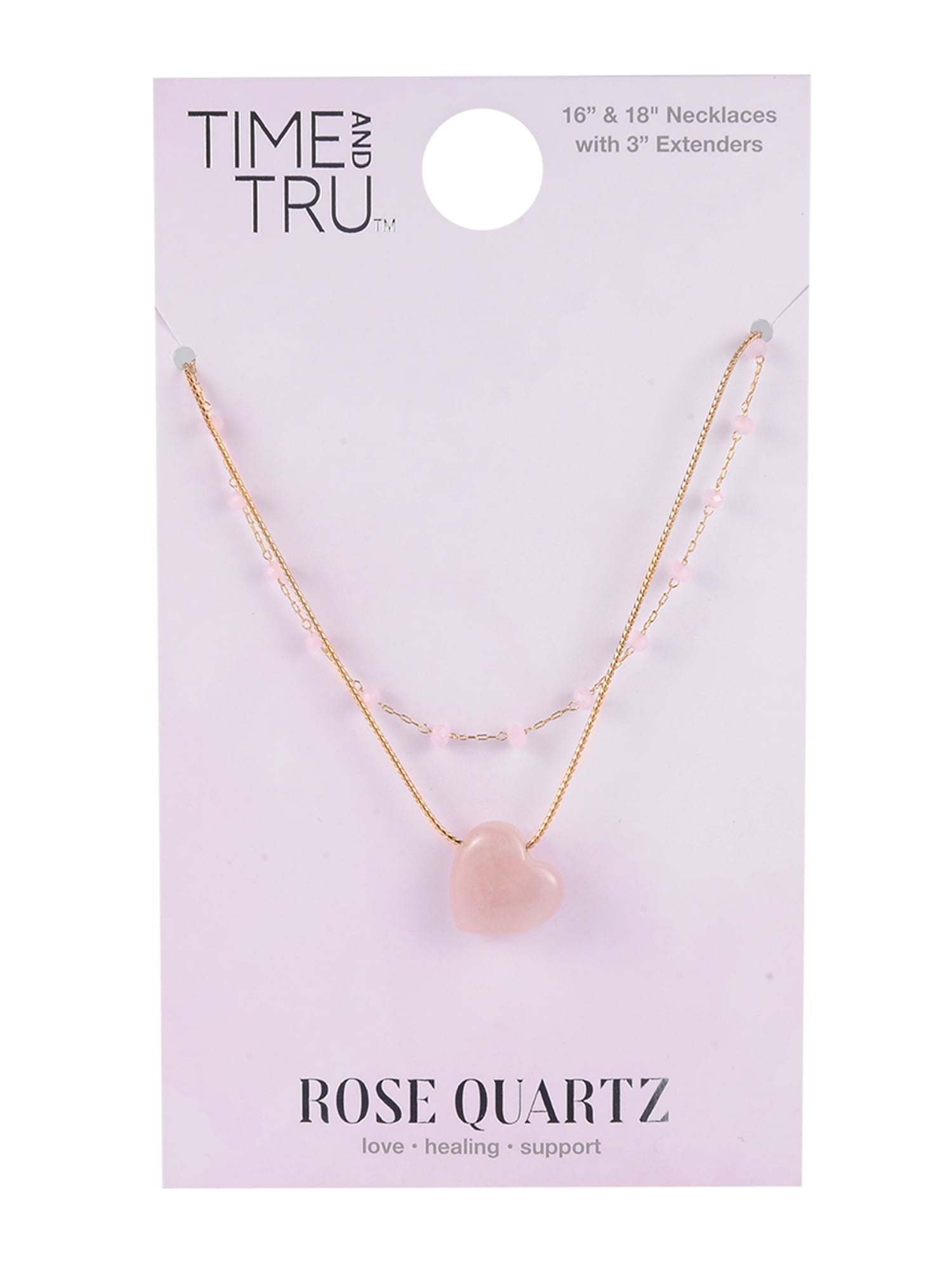 Time and Tru Goldtone 2-Row Rose Quartz Beads and Heart Necklace