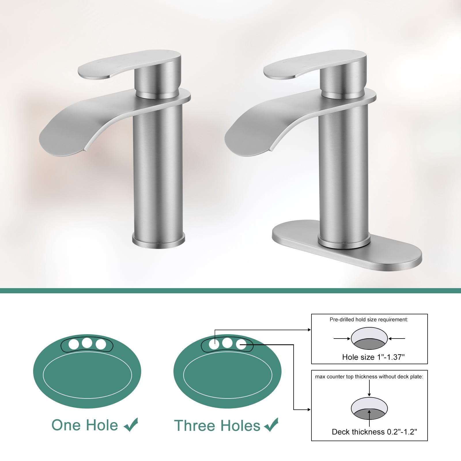 WOWOW Waterfall Bathroom Faucet Single Handle, Single Hole Bathroom Sink Faucet Stainless Steel, Brushed Nickel Bathroom Faucet with Deck Plate, 1 Hole or 3 Hole Lavatory Faucet for Bathroom Sink
