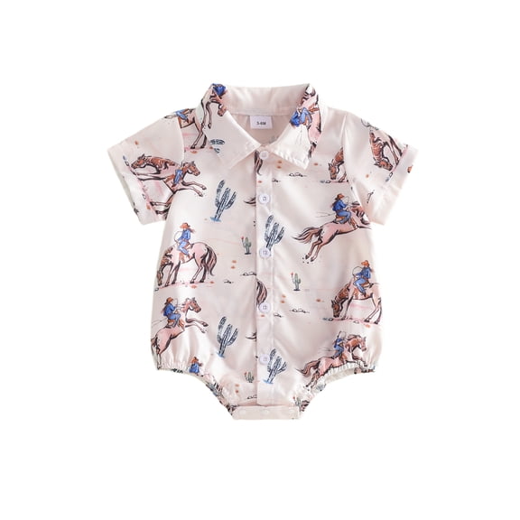BemeyourBBs Western Baby Boy Clothes Infant Cowboy Outfit Racing Shirt Romper Short Sleeve Collar Button Down Horse Print Dress Bodysuit Newborn Summer Clothes