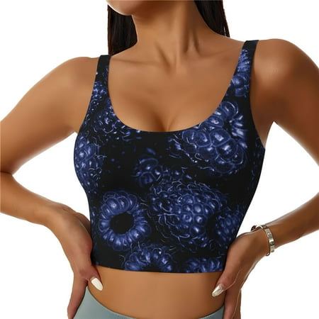 Qokaie Blue-Purple Raspberries Pattern Womens Scoop Neck Sports Bra Breathable Workout Vest Padded U Back Medium Impact Fitness Gym Yoga Bra Workout Crop Top-Medium