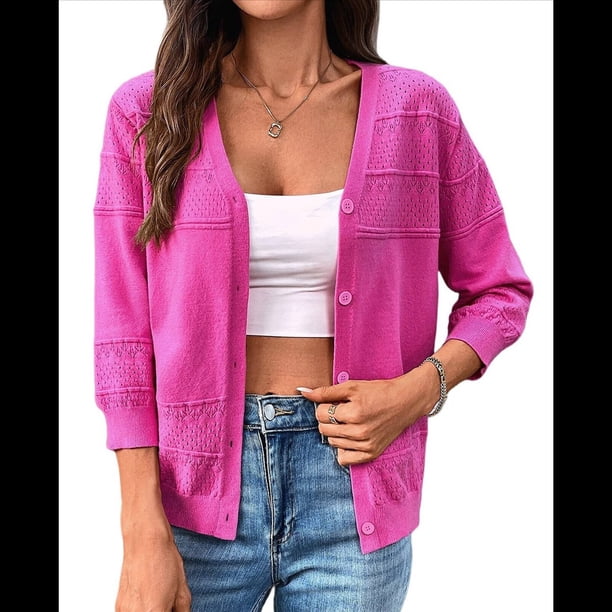 Cárdigan Corto de Verano para Mujer, Suéter de Punto Fino de Crochet con Botones y Mangas 3/4. Rosa Roja XL
