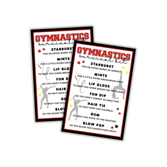Gymnastics Team Survival Kit Cards 30pk 4x6 List Tag Labels Emergency Welcome Back Travel Competitive Boys Printables for Coaches Goodie Bags Athletes Gymnasts