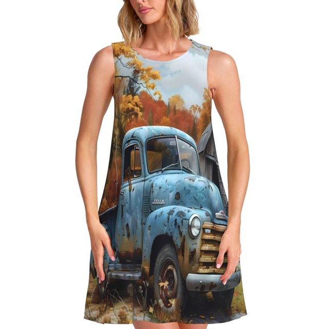 Wukai Robe Vintage Rustique Camion Automne Sans Manches pour Femmes, Coupe Ample Robe Décontractée pour Femmes, Robe d'Été Confortable Sans Manches