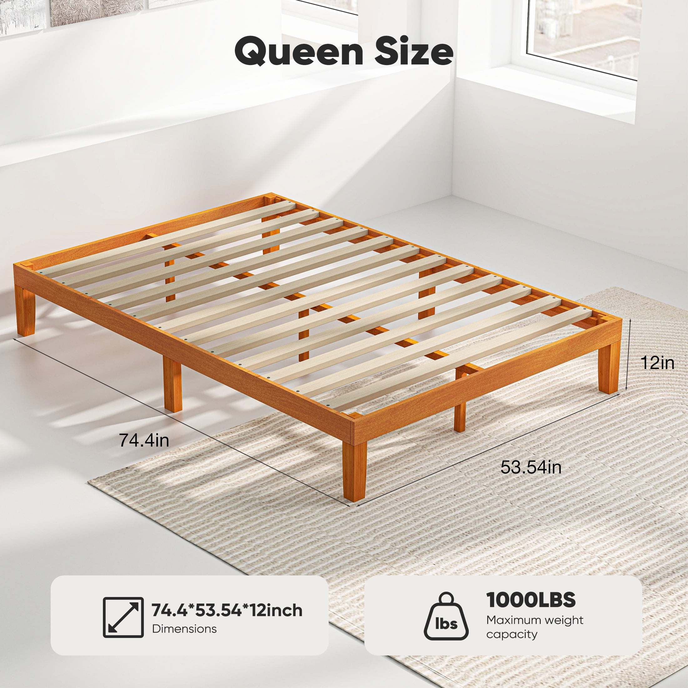 ZUNMOS 12 IN Full Size Solid Wood Bed Frame with Wood Slat Support,  Sturdy,  No Box Spring Needed,  Natural Pine