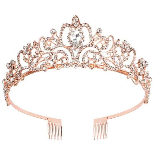Xiao Hua Corona de diamantes de oro rosa, elegante corona de princesa con peine, tocado para mujer, tocado para novia, boda, fiesta de cumpleaños, 1 pieza