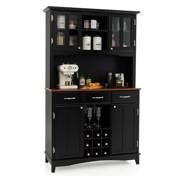 Gymax Buffet And Hutch Kitchen Storage Cabinet Cupboard w/ Wine Rack & Drawers Black