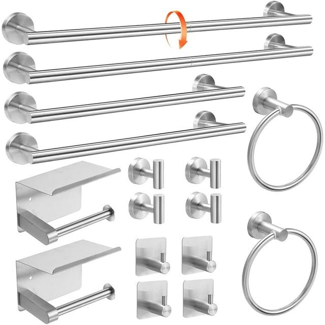 Brushed Silver Bathroom Towel Bar Holder Sets Premium Stainless Steel 16-Piece Bathroom Hardware Set Wall Mounted Bathroom Toilet Paper Holder with Shelf Set.