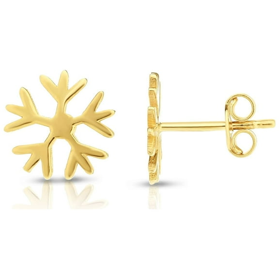 14K Yellow Gold Finish 11.2mm Shiny Snowflake Post Earrings with Push Back