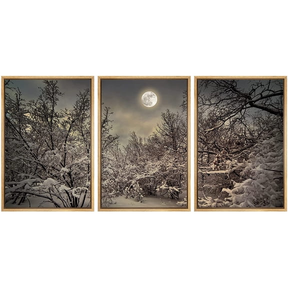 wall26 - 3 Piece Framed Canvass Wall Art - Moonlight Night in Winter Wood - Modern Home Art Stretched and Framed Ready to Hang - 24"x36"x3 Natural