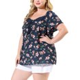 thumbnail image 2 of Women's Plus Size Tops Dense Floral Square Tassel Tie Neck Loose Blouse Navy Blue 2X, 2 of 7