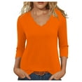 thumbnail image 2 of Plus Size 3/4 Sleeve T-shirts Soft Poly-cotton Womens V Neck Tops Scalloped Plain Tshirts Fall Spring Base Tees (M, Orange 02), 2 of 5