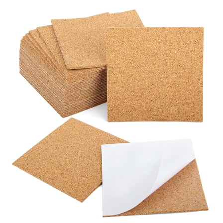 30 Pack Self Adhesive Cork Sheets 4x4 Inches, Square Cork Tiles for DIY Coasters, Craft Projects, Home Office Decor, Brown