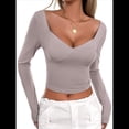 thumbnail image 3 of Camisetas de Larga con Cuello en V para Mujer, Top Corto con Doble Forro y Copas con Costura para Salir. Color Café S, 3 of 10
