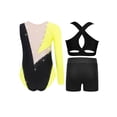 thumbnail image 2 of inlzdz Dance Unitards for Girls Shiny Rhinestones Color Block Asymmetrical Skating Leotard with Fluorescent Yellow 8, 2 of 5