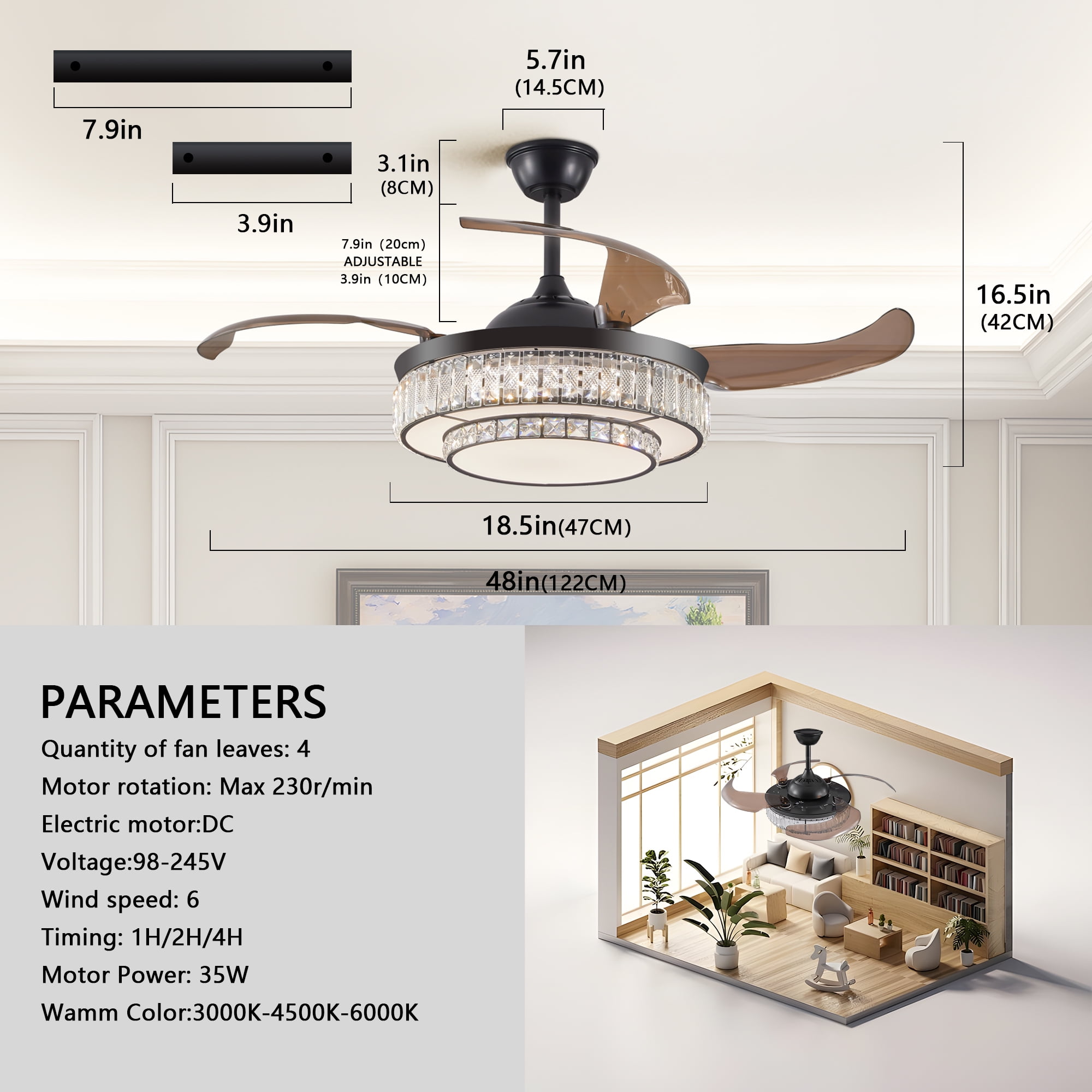 Jopath 48" Retractable Crystal Ceiling Fan with Light and Remote Control, 6-Speed Quiet ,4 Blades Modern Ceiling Fans for Kitchen Bedroom Dining Room Patio