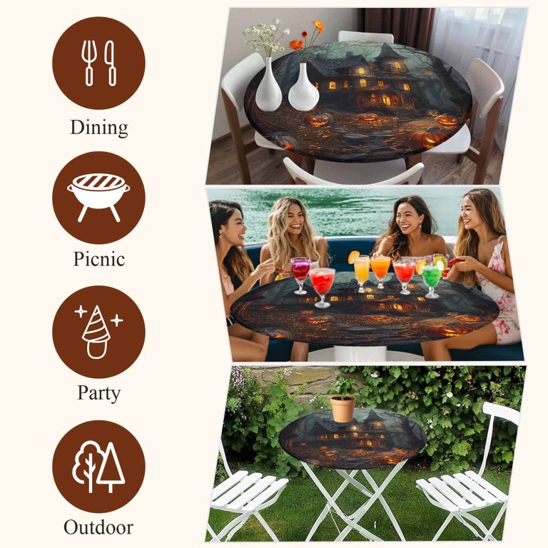 Halloween Fitted Round Tablecloth - Spooky Crow Skull Print, Waterproof, Elastic Edge For Tables 36"-44" Diameter