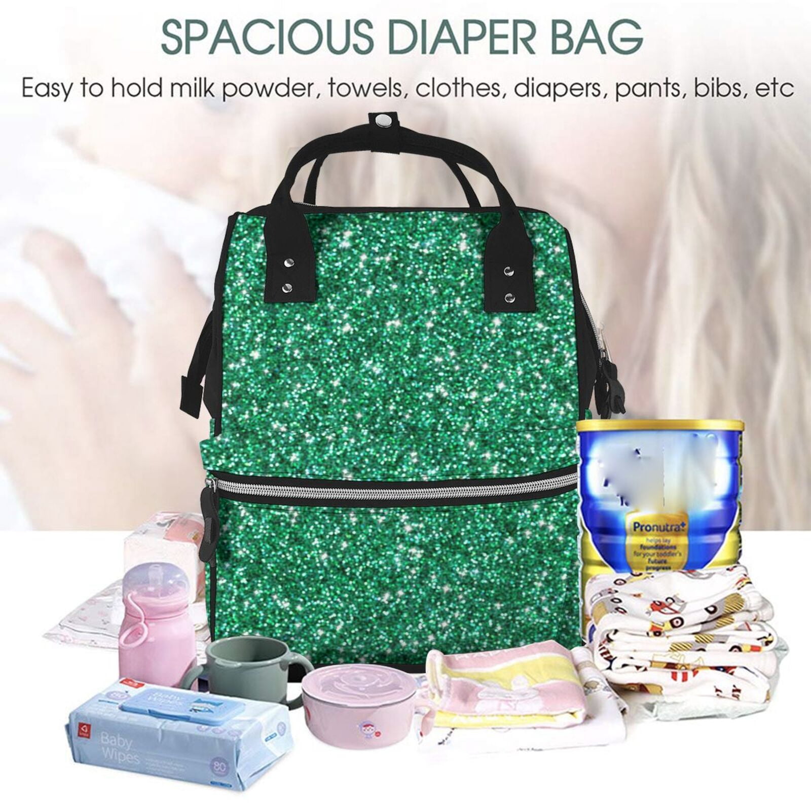 Ratiio Green Glitter Mummy Backpack - Waterproof Twill Canvas, Large Capacity Diaper Bag with Multiple Pockets and Adjustable Straps