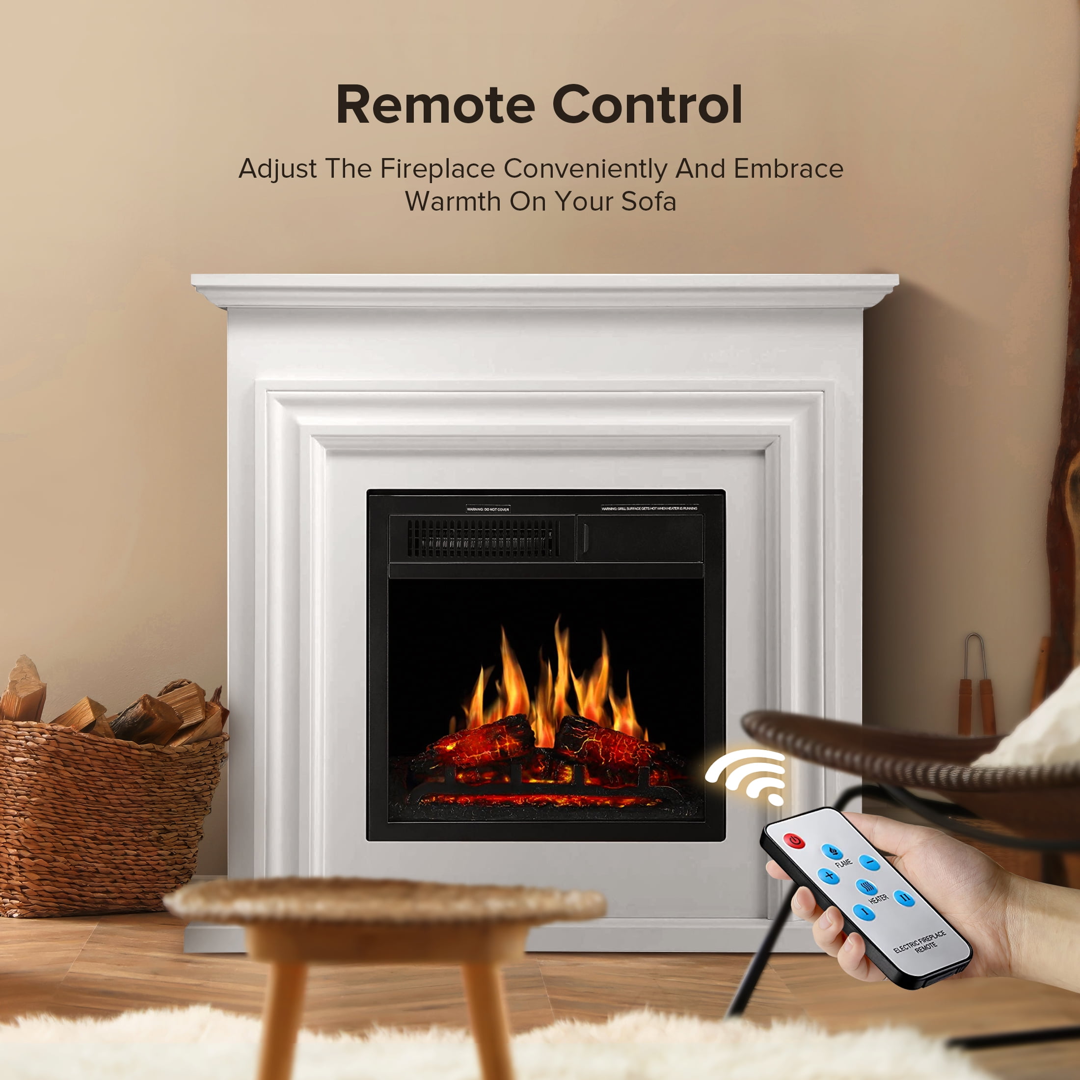 KISSAIR Electric Fireplace Mantel Wooden Surround Firebox, Free Standing Fireplace, with Remote Control, Adjustable LED Flame, 750W/1500W -Pearl White