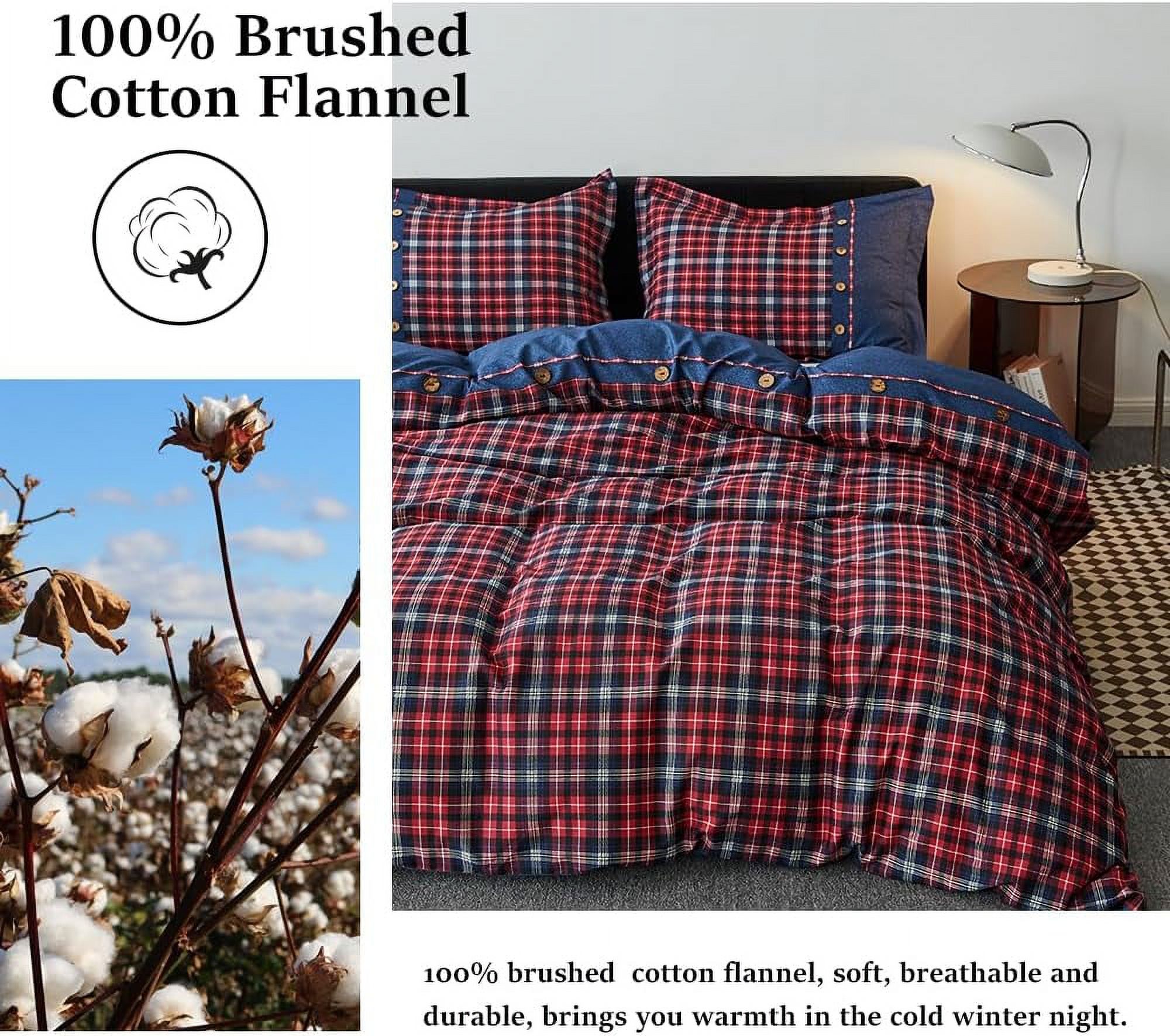 Simple&Opulence 100% Cotton Buffalo Check Plaid Printed Duvet Cover Set, 3 Piece Bedding Set Including 1 Comforter Cover and 2 Pillow Shams, Soft and Comfortable (Queen,Red)