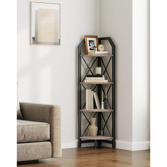 4-Tier Corner Shelf, Industrial Corner Bookshelf, 47.6" Corner Storage Stand, Plant Stand Display Shelf, Corner Bookcase for Bedroom, Living Room, Home Office, Greige and Black