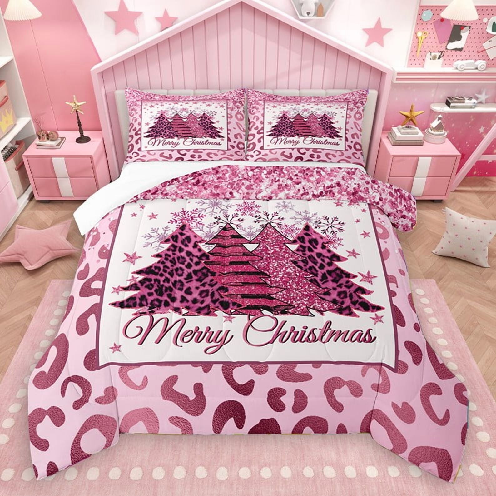 Homewish Pink Xmas Tree Girl 3 Pieces Queen Comforter Set Bling Glitter Ultra Soft Bedding Sets Animal Cheetah Print Bedding Comforter Set Merry Christmas Home Decor