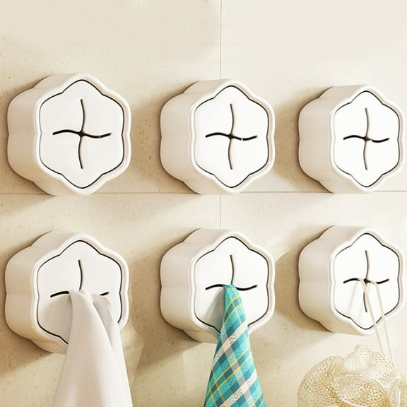 Towel Hooks for Bathroom and Kitchen, No Drill Wall Mount Towel Holders for Doors and Rear Hooks, Beige ABS Non Punch Towel Rack Set of 6