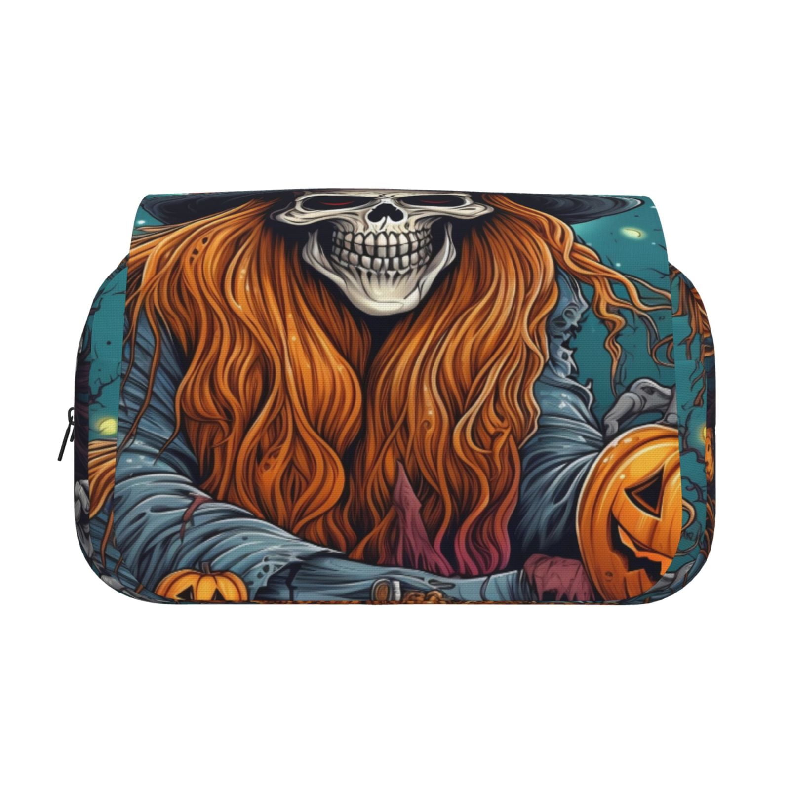 Rateoe Cartoon Pumpkin Skull Pattern Double Clamshell Pen Case, Storage Organizer with Two Zipper Compartments– Holds Up to 50 Pencils & Pens
