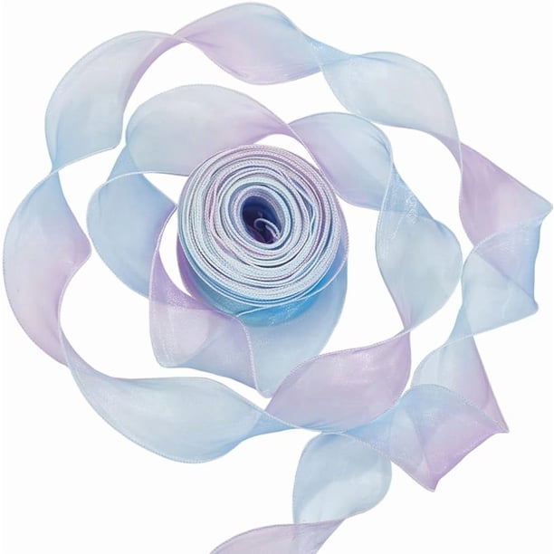 Cinta de organza con degradado de 38,28 yardas y 2 3/8 pulgadas, plisada, con volantes, ribete transparente, cintas de tul iridiscente azul para ribetear