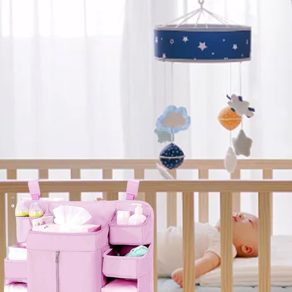 Baby Crib Hanging Organizers 6 Compartments Large Zippered Pocket Durable Fabric Nursery Storage Solution