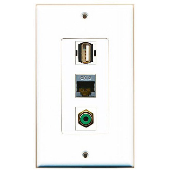 RiteAV - 1 Port RCA Green and 1 Port USB A-A and 1 Port Shielded Cat6 Ethernet Decorative Wall Plate Decorative