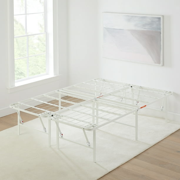 White Steel Platform Bed Frame Queen, Foldable Platform Bed Frame