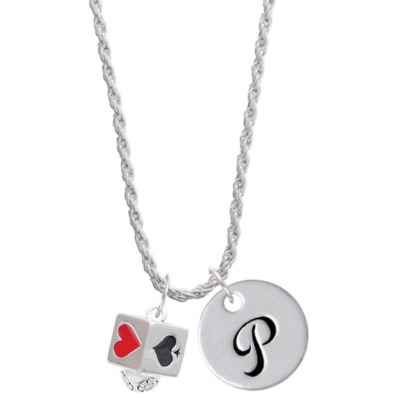 Delight Jewelry Silvertone Card Suits Square Spinner Silvertone Script Initial Disc - P - Charm Necklace, 20"+3"