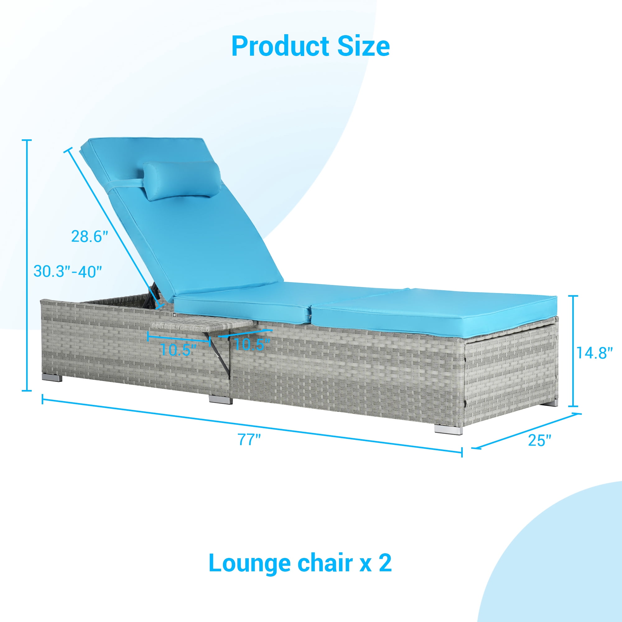 2 Pack Outdoor Rattan Reclining Chair, 6 Position Adjustable Backrest Patio Leisure Chair with Steel Frame, Gray Lake Blue