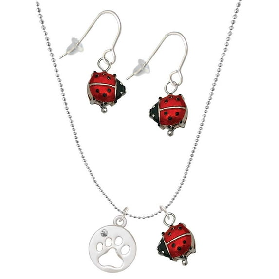 Delight Jewelry Paw Silhouette Red Lucky Ladybug Necklace and Dangle Earrings Set