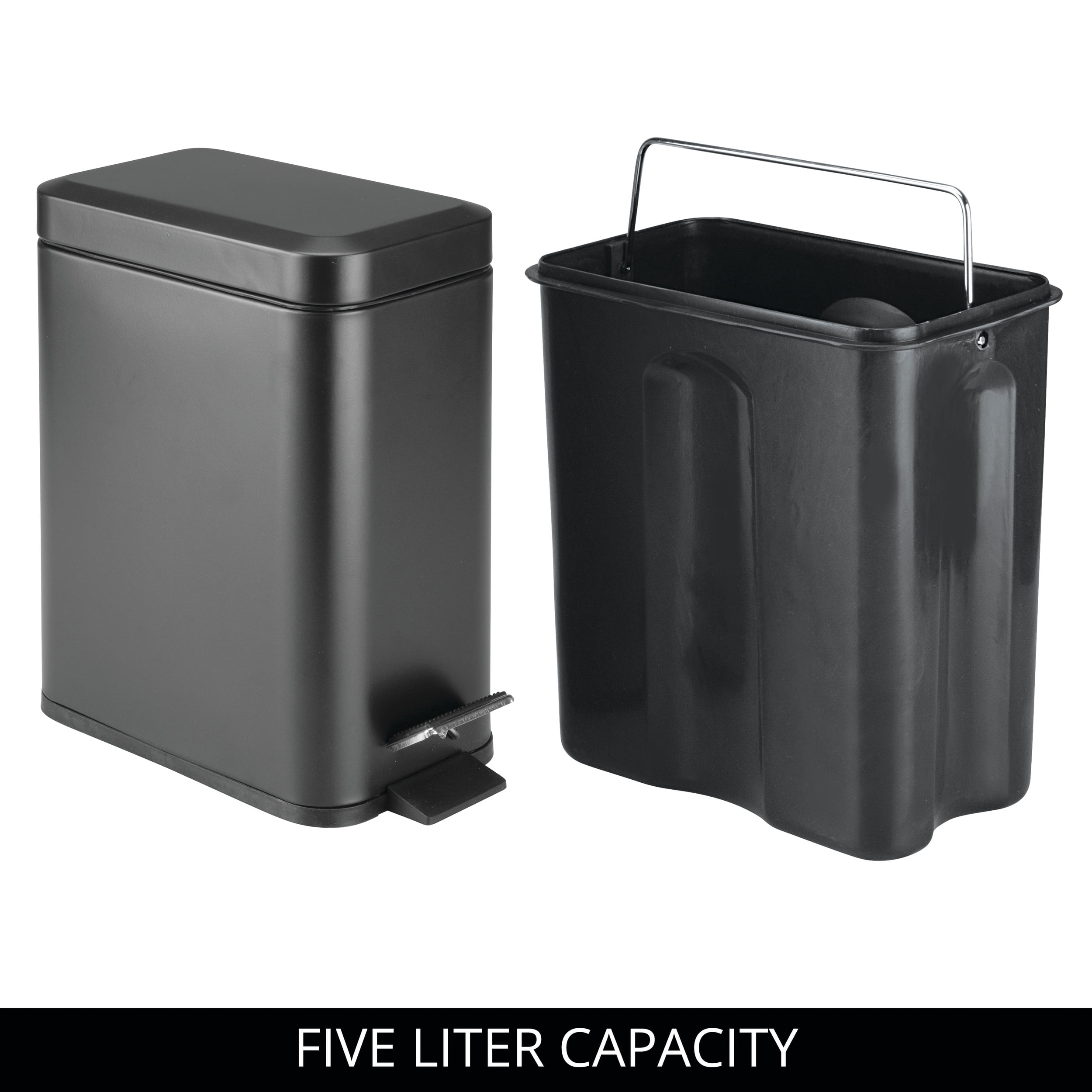 iDesign Rectangular Compact 1.3 Gallon Bathroom Step Trash Can - Perfect for Primary Bathrooms, Guest Baths, and Powder Rooms - Matte Black