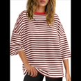 thumbnail image 2 of Camisetas de Rayas de Gran Tamaño para Mujer, Blusas Holgadas de Cuello Redondo y Corta, Blusa Informal de Verano Y2K 2025 Color Café L, 2 of 9