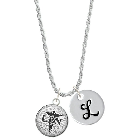 Delight Jewelry Silvertone Domed Black LPN Silvertone Script Initial Disc - L - Charm Necklace, 20"+3"