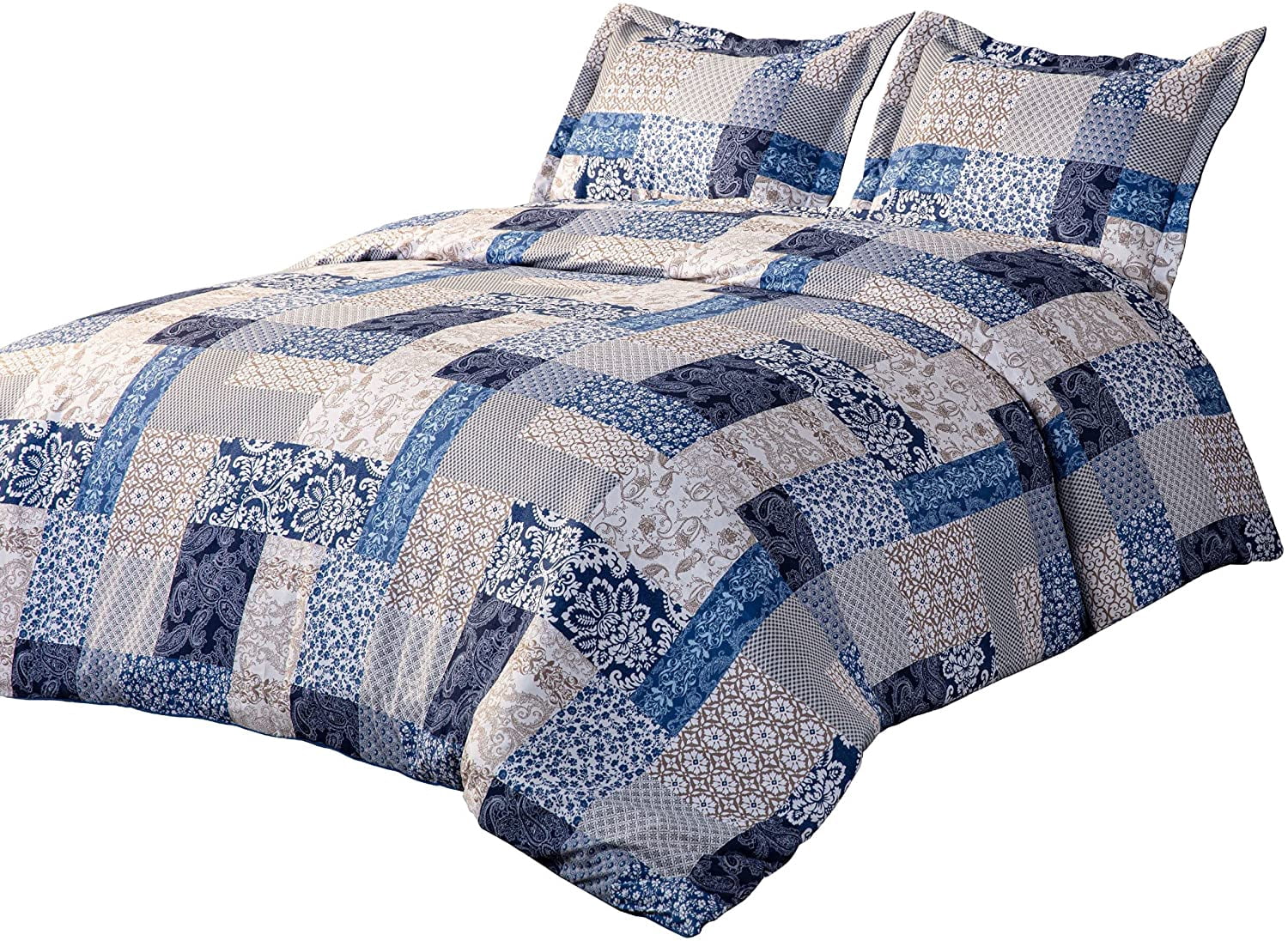 Chezmoi Collection Kai 3-Piece Floral Paisley Patchwork Printed Comforter Set, Navy Blue