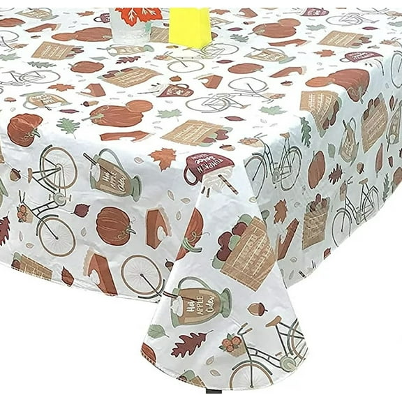 Serafina Home Fall Decor Autumn Flannel Vinyl Tablecloth: Colorful Harvest Apples Pumpkin Pie and Country Bike (Country White 52" x 70")