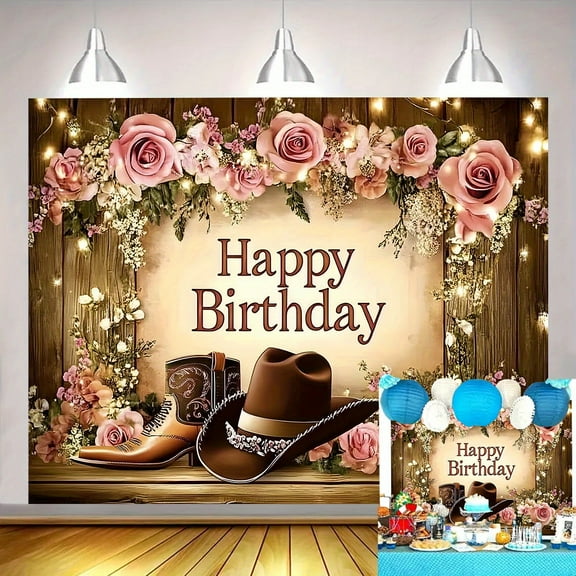 Rustic Western Themed Birthday Backdrop Retro Happy Birthday Cowgirl Photography Background Roses Hats Boots Boho Bday Party Decorations Banner Cake Table Decor Studio Photobooth Props Gift