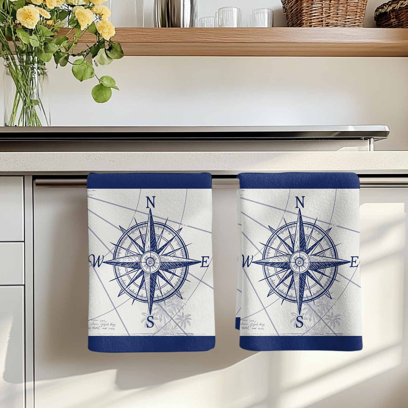 Dish Towels, Compass Absorbent Kitchen Towels 2 PCS, Blue Ocean Navigation Map Microfiber Hand Towels Dish Cloths Tea Towels for Home&nbsp;Bathroom Cleaning Drying,18X28-Inch,