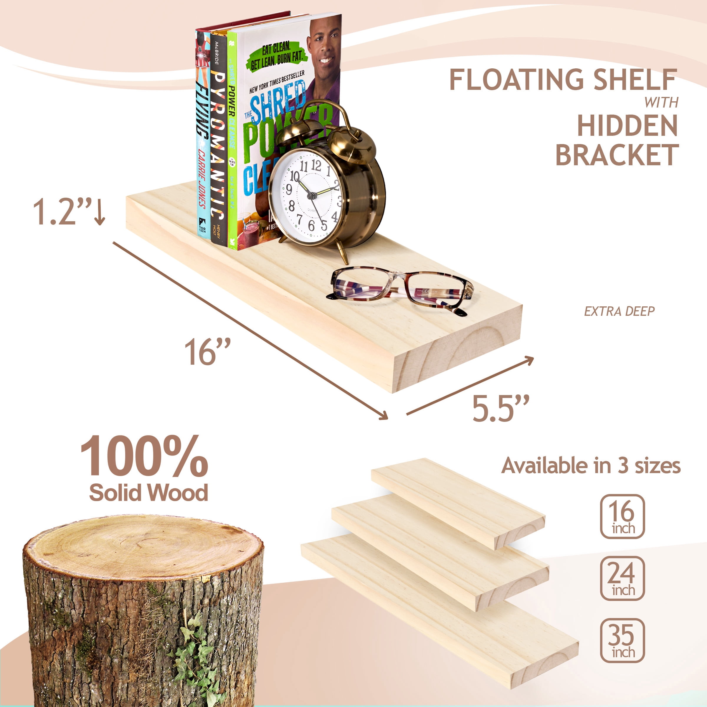 Sorbus 2-Pack Solid Wood Floating Shelves, 16 in, Natural, Wall-Mounted Storage