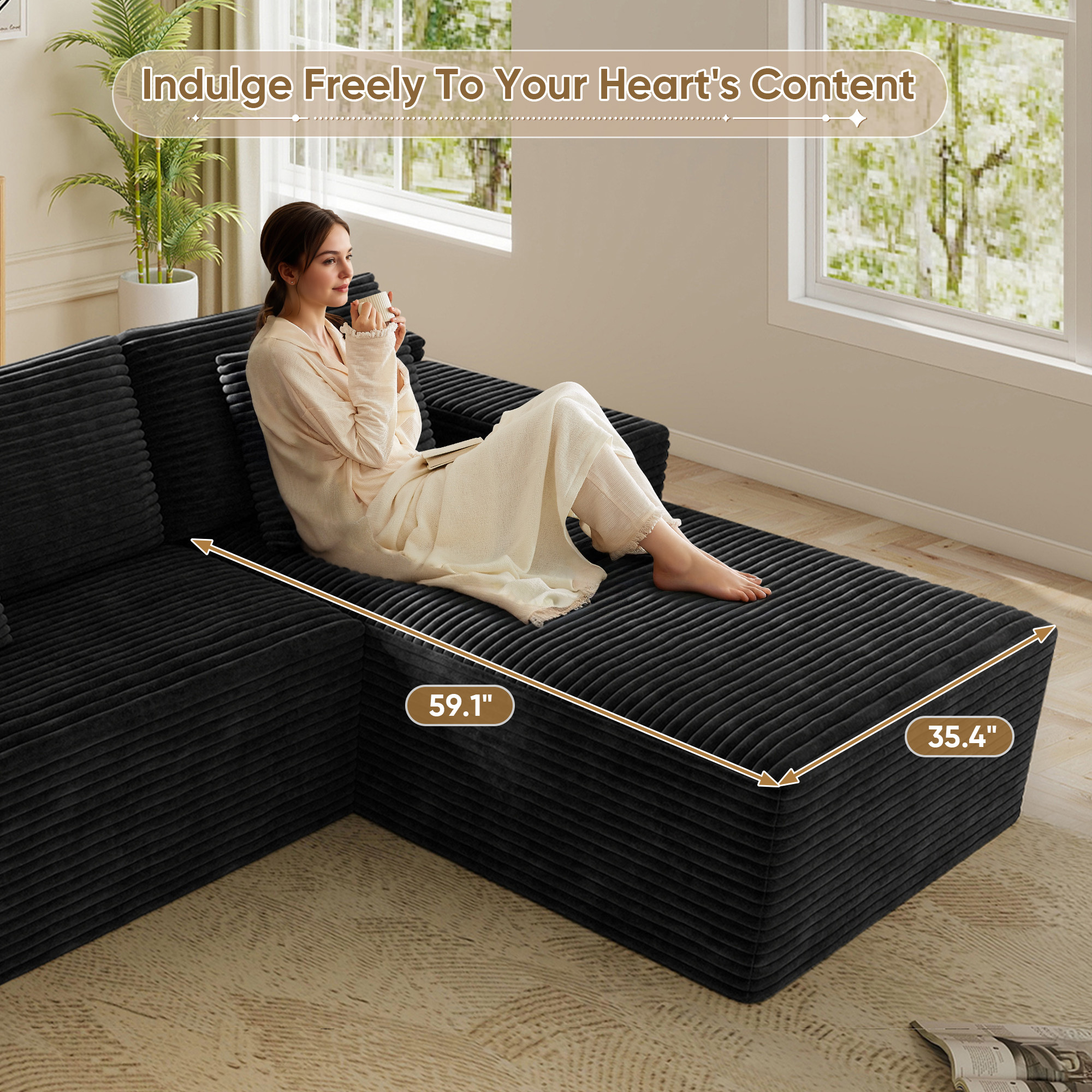 Lunale 104" Cloud Sectional Sofa with Right Chaise, Oversized Modular L-Shaped Couch, Plush Corduroy Sleeper Couch for Living Room, No Assembly Required, Black