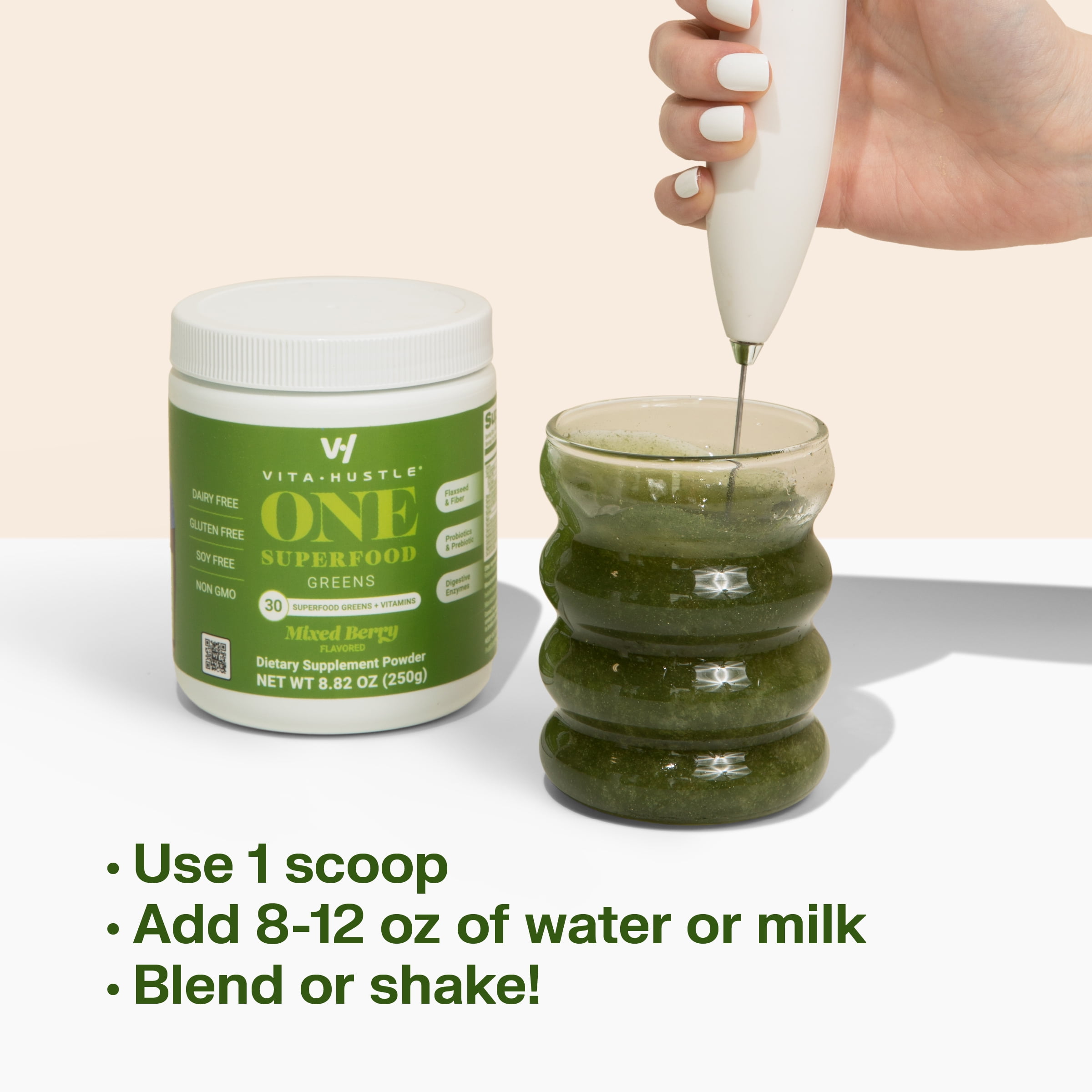 VitaHustle ONE Superfood Greens Powder, Probiotics, Mixed Berry, 25 Servings